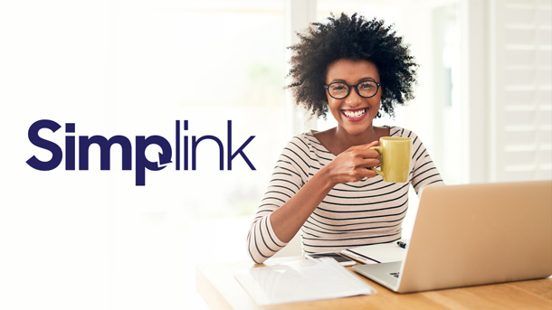 Simplink logo over a photo of a woman on a laptop
