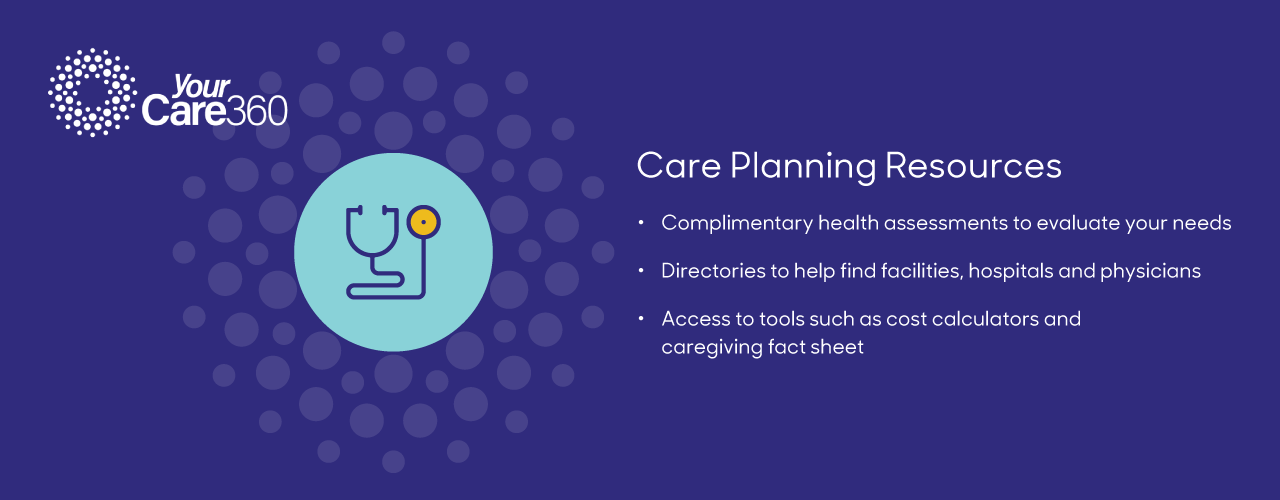 Care Planning Resources: Complimentary health assessments to evaluate your needs; Directories to help find facilities, hospitals and physicians; Access to tools such as cost calculators and caregiving
